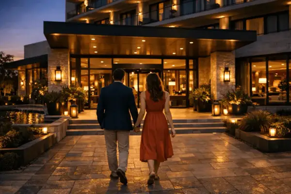 Para, trzymając się za ręce, idzie do hotelu. Idealne miejsce, gdzie na weekend we dwoje.