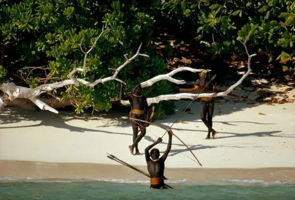 Trzech mężczyzn z plemienia Sentinelese, uzbrojonych w łuki i strzały, stoi na plaży Sentinel Island.