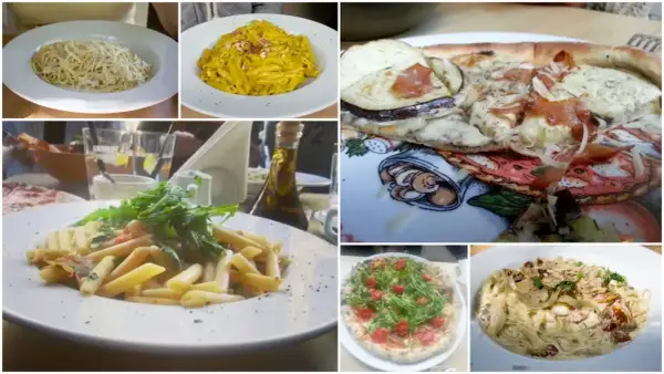 Przegląd dań z trattoria toscana menu: spaghetti, penne w sosie serowym, pizza z bakłażanem, penne z rukolą, pizza z rukolą i pomidorkami, tagliatelle.